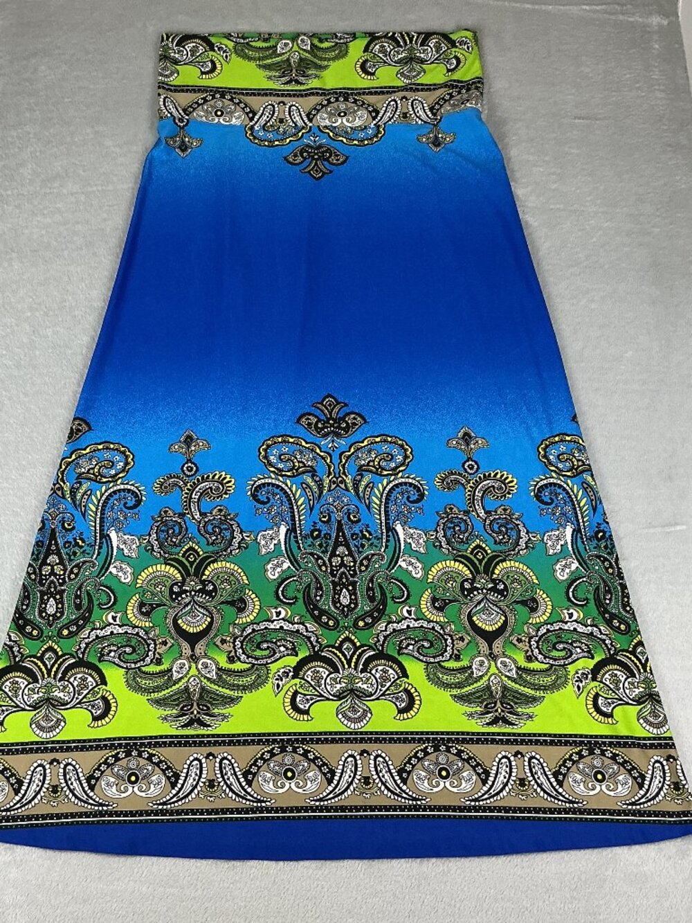 Venus Women Strapless XL Midi Dress Blue Green Paisley Print A-Line Pull On Boho